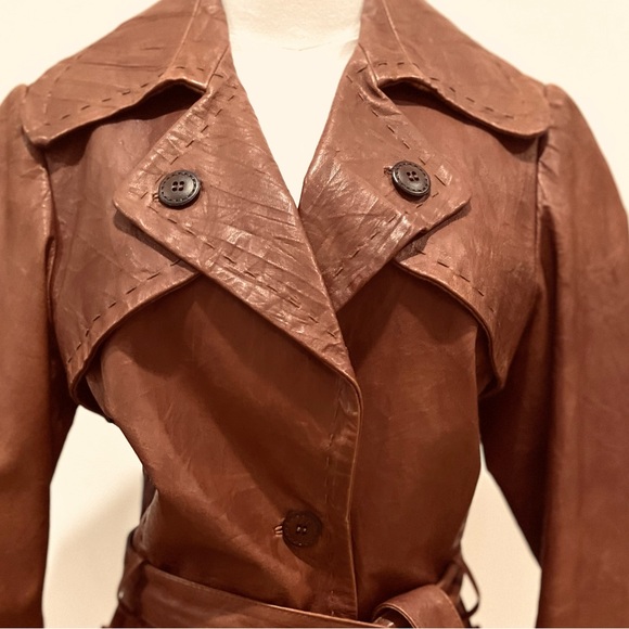 Vintage Brown Leather Trench Patch Pocket Coat - Picture 5 of 7
